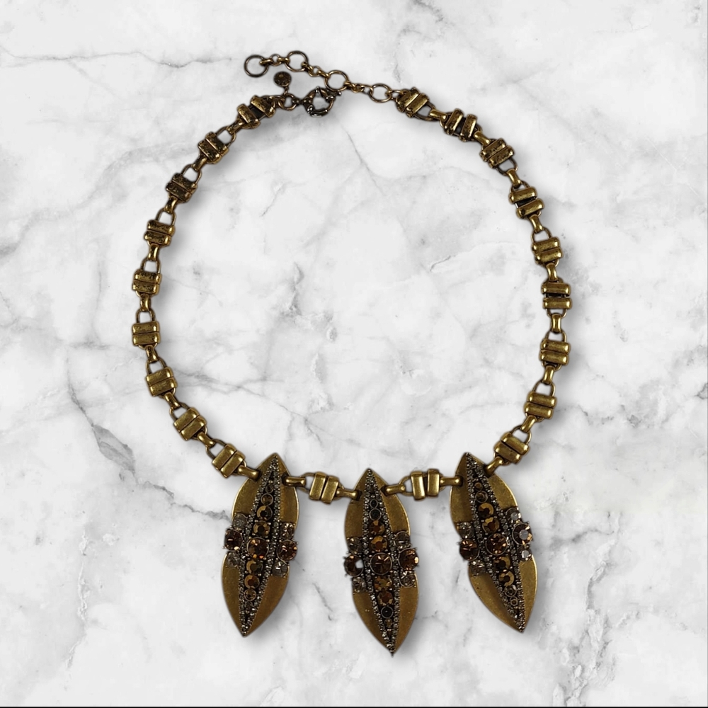 J Crew Triple Crystal Pendant Chunky Necklace Goldtone